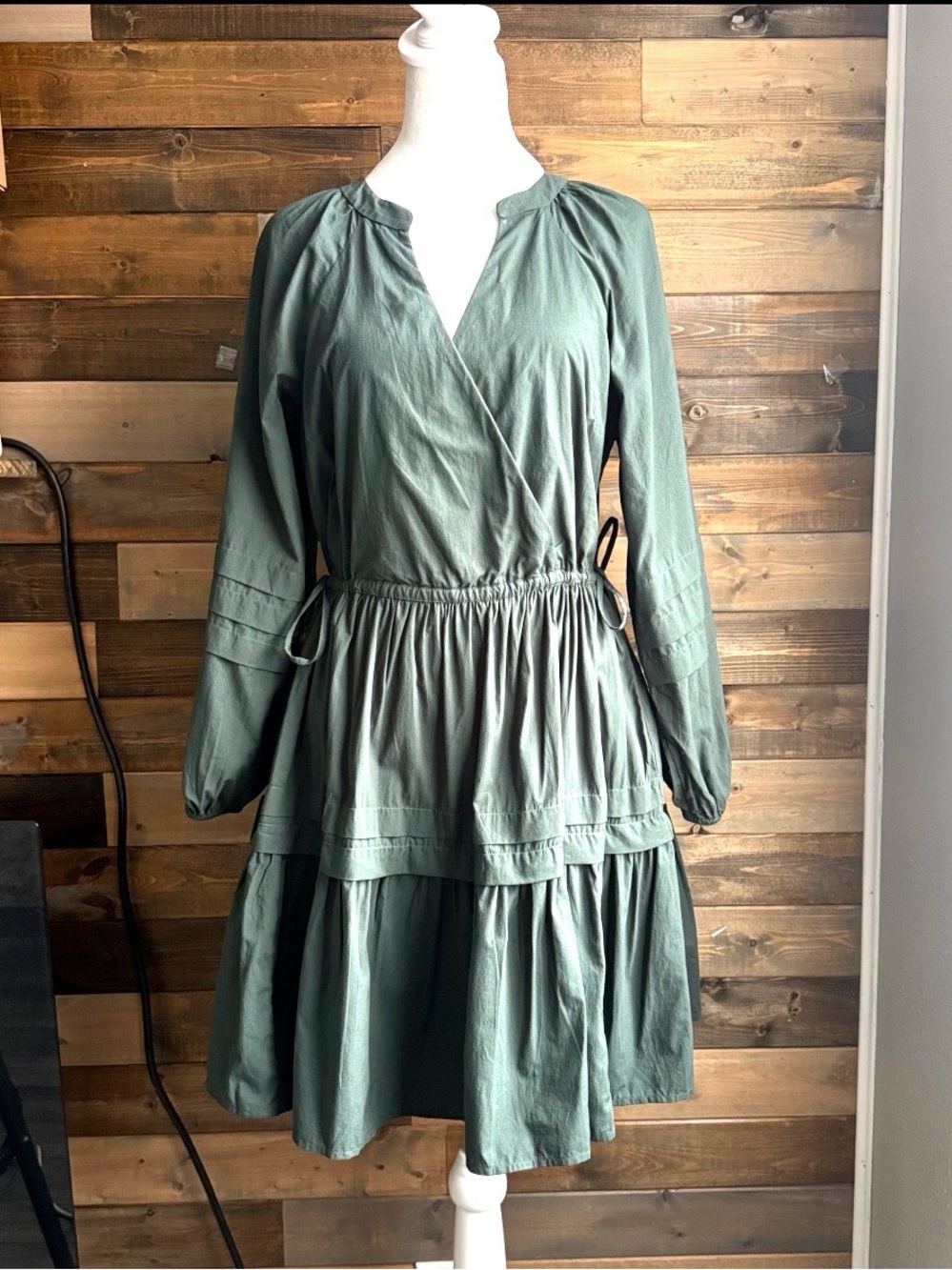 Madewell Crinkle Poplin Wrap Mini Dress Dark Palm Green Size S Cotton Tiered